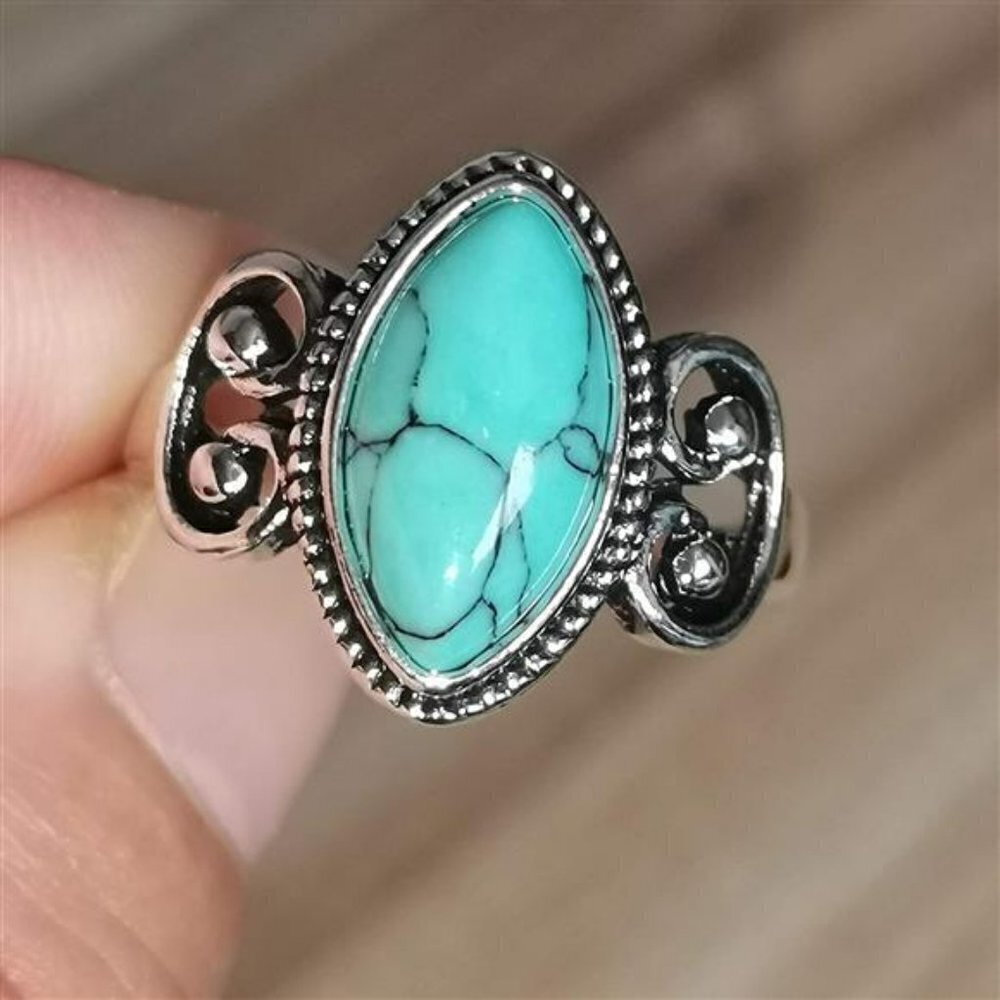 Vintage Handmade Women's Silver Ring‎ Marquise Cut Bohemia Turquoise Jewelry